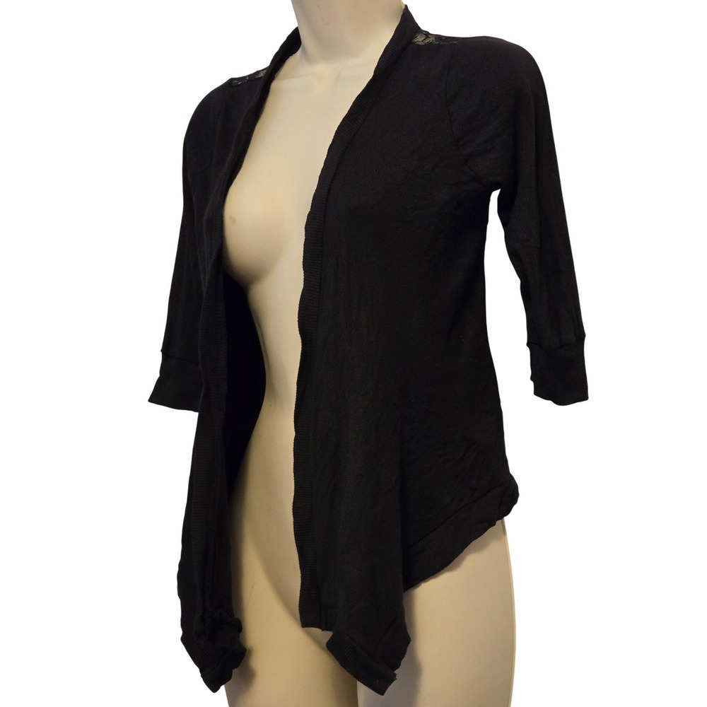 Pink Angel Black Floral Sheer Lace Back Open Front Drape Hem Cardigan Small 14